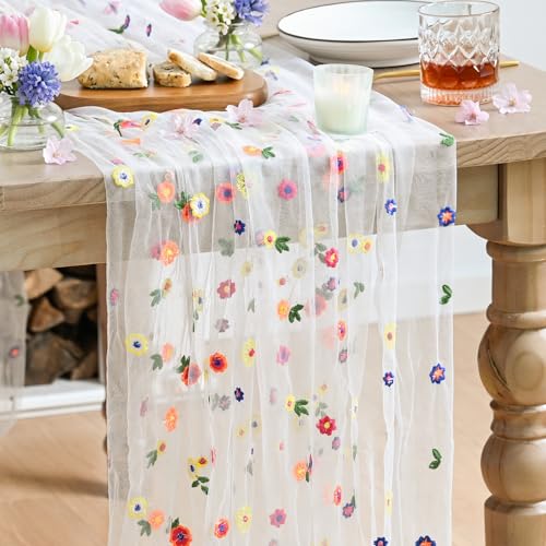 6PCS Embroidery Daisy Gauze Table Runner 28 x 120 Inches Ivory - Set of 6
