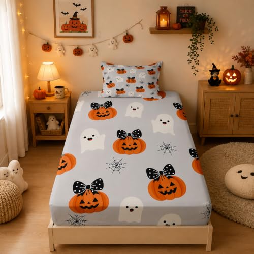 White Pumpkin Bed Sheets Set Twin Size Halloween Microfiber Deep Pocket Fitted Sheet