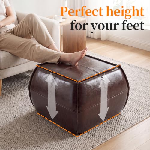 Dark Brown Square PU Leather Ottoman Pouf 21x15 Inch Handmade Foot Stool