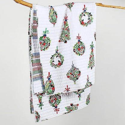 Festive Baubles Holiday Quilt Throw 50x60in Cotton Christmas Decor