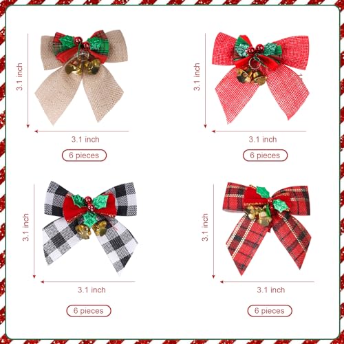 24 Pack Christmas Tree Bows with Jingle Bells Linen Buffalo Plaid Holiday Decor