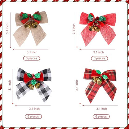 24 Pack Christmas Tree Bows with Jingle Bells Linen Buffalo Plaid Holiday Decor