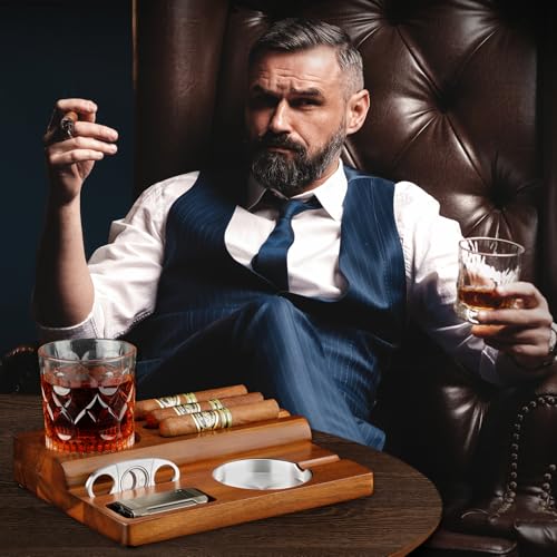 Brown Wooden Cigar Ashtray Set with Lighter Cutter & Accessories - Indoor Outdoor