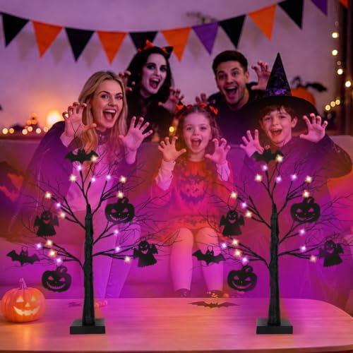 Black Halloween Tree Set with LED Lights - 2 Pack 24 Inch Spooky Decor