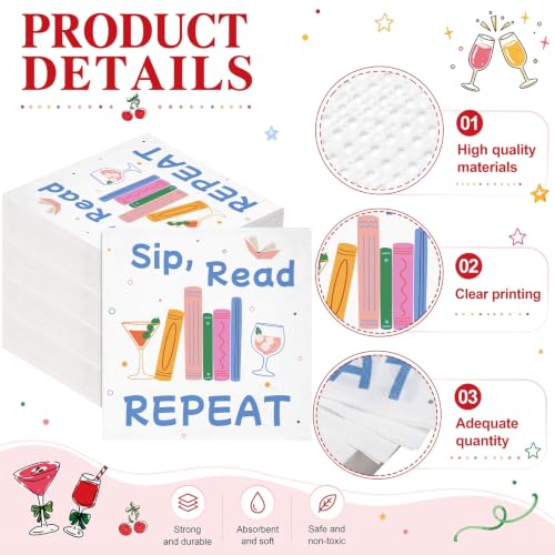 Potchen Sip Read Repeat 50 Pack Christmas Cocktail Napkins for Book Clubs