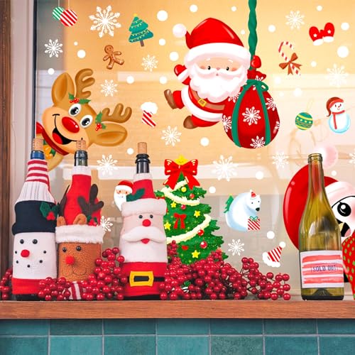 Christmas Window Clings Double-Sided Decor - Santa Snowman Reindeer Penguins & Snowflakes - 6 Sheets for Indoor Outdoor Holiday Scene - Christmas Day