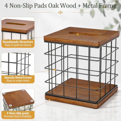 Square Oak Wood & Metal Tissue Box Cover with 4 Seasonal Panels - Brown & Black, 6x6x7 Inches