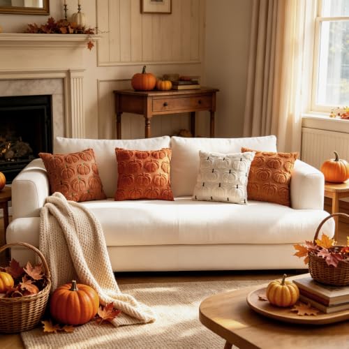 Fall Pumpkin Plush Throw Pillow Covers 18x18 Set of 2 - Rust, Autumn Decor