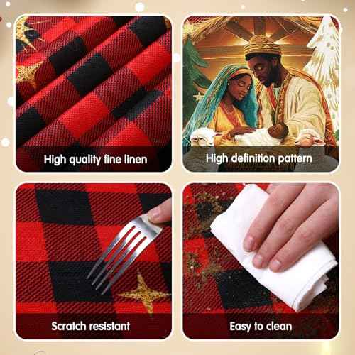 African American Religious Christmas Table Runner Buffalo Plaid Black Jesus Nativity Scene Table Runner for Home Decoration Xmas Winter Holiday Kitchen Decor (13" x 72")