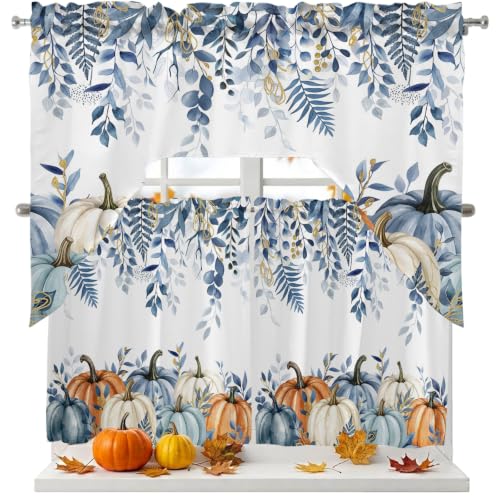 Blue Pumpkins Fall Tier Curtains with Swag Valance Sets - 27.5W x 24L White Blue