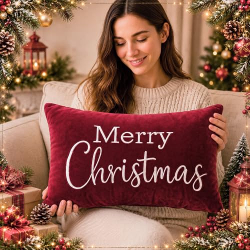Christmas Velvet Throw Pillow Cover 12x20 Inch - Merry Christmas Burgundy Red