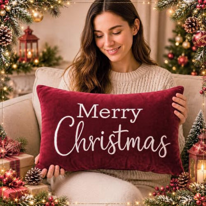 Christmas Velvet Throw Pillow Cover 12x20 Inch - Merry Christmas Burgundy Red
