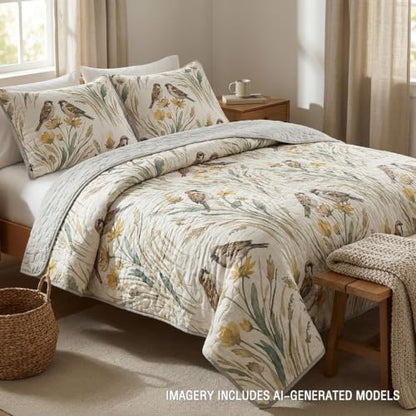 Sleepwish Nature Bird Floral Quilt Set - Wild Sparrow Autumn King Variation
