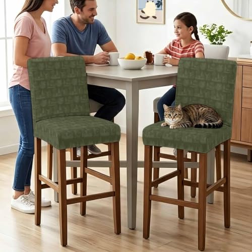 Christmas Bar Stool Cover Set of 4 - Dark Green Farmhouse Deer & Pine Trees - Removable & Stretchable Pub Counter Chair Slipcovers with Backs - Variation: Green / 4pcs