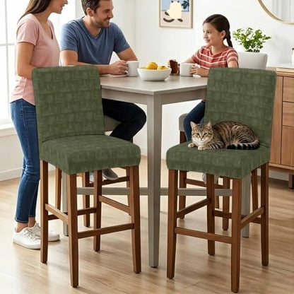 Christmas Bar Stool Cover Set of 4 - Dark Green Farmhouse Deer & Pine Trees - Removable & Stretchable Pub Counter Chair Slipcovers with Backs - Variation: Green / 4pcs