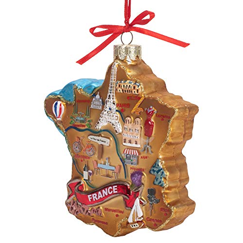 France Map Glass Ornament with Landmarks - Holiday Decor, 4.75 Inch