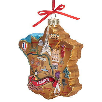 France Map Glass Ornament with Landmarks - Holiday Decor, 4.75 Inch