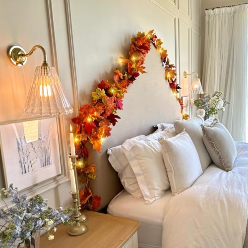 48FT Fall Leaf Garland with Lights - 8 Pack Autumn Decor for Halloween Thanksgiving