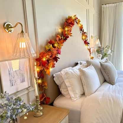 48FT Fall Leaf Garland with Lights - 8 Pack Autumn Decor for Halloween Thanksgiving