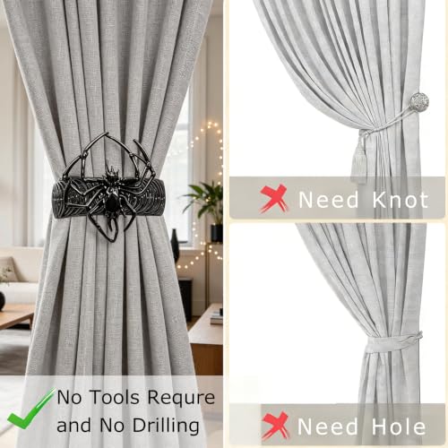 Halloween Spider Curtain Tiebacks - Black Gothic Decor with Spider & Diamond - Gun Black Variation