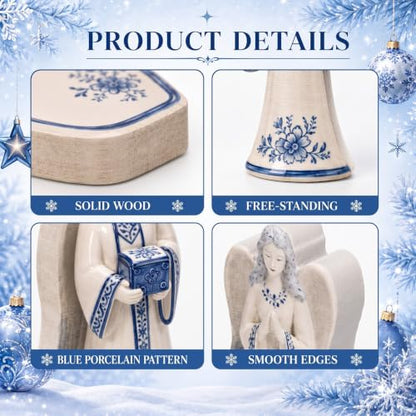 Chinoiserie Blue and White Wooden Nativity Set - 13 Pieces Mini Manger Decor
