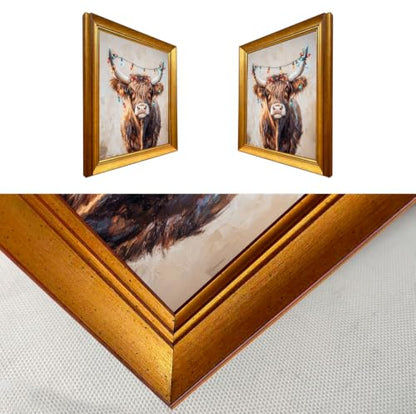 Vintage Highland Cow Christmas Wall Art with Festive Lights Framed Canvas Print - 12x10 Inches