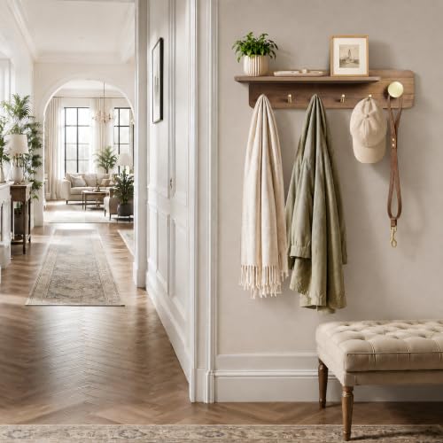 Wall Mount Coat Rack with Shelf and Brass Hooks - Solid Wood Entryway Organizer