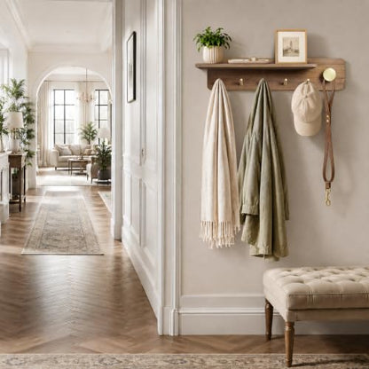 Wall Mount Coat Rack with Shelf and Brass Hooks - Solid Wood Entryway Organizer