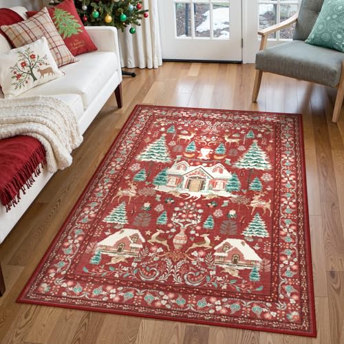 4x6 Christmas Area Rug with No-Slip Backing - Red Boho Holiday Rug for Living Room and Bedroom
