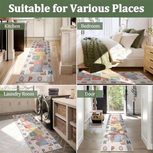 Kids Runner Rug 2x6ft Washable Hallway Carpet with Alphabets and Hopscotch - Color-7