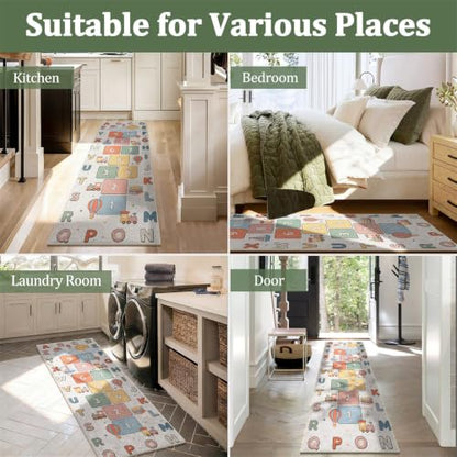 Kids Runner Rug 2x6ft Washable Hallway Carpet with Alphabets and Hopscotch - Color-7