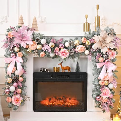 Pink 9FT Christmas Garland with Lights, Flocked Rose Gold Decor, Berries & Pinecones