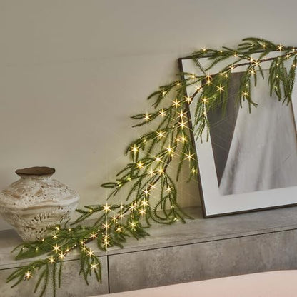 6FT Lighted Norfolk Pine Garland with Timer Battery & USB - Christmas Decor