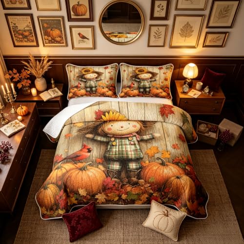 Orange Brown Autumn Scarecrow Quilted Bedspread Twin Set with Pillowcase - 2 Pieces