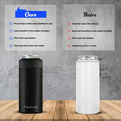 Frost Buddy Universal Can Cooler - Fits all - Stainless Steel Can Cooler for 12 oz & 16 oz Regular or Slim Cans & Bottles - Stainless Steel