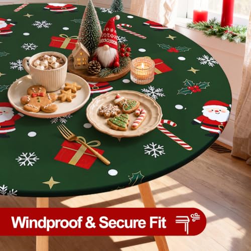 Christmas Round Spandex Tablecloth Fitted Cover for 45-56 Inch Tables - Green & White