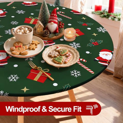 Christmas Round Spandex Tablecloth Fitted Cover for 45-56 Inch Tables - Green & White