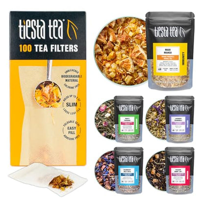 Tiesta Tea - Loose Leaf Starter Kit | Premium Starter Kit Sampler | High to Non Caffeinated | Make Hot & Iced Tea | Starter Kit with Black, Green, Herbal Tea Sample Bags and 100 Disposable Tea Filters