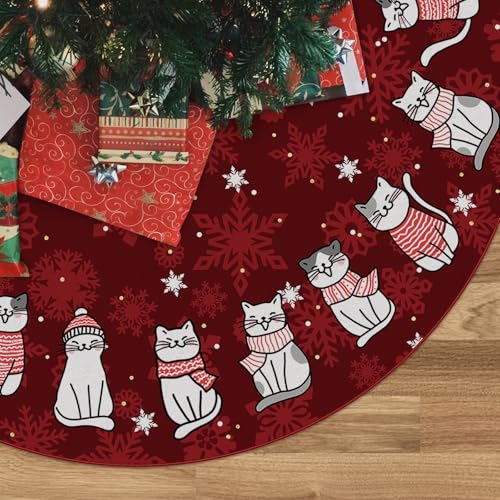 GAGEC Burgundy Christmas Tree Skirt 36 Inch for Indoor Outdoor Holiday Decor - Wine Red Cat Style