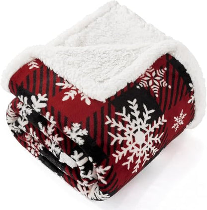 Twin Size Christmas Sherpa Blanket - Soft Flannel Fleece with Holiday Snowflake Design