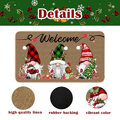 Christmas Doormat 17x29 Inch Buffalo Plaid Gnome Holiday Entryway Mat - Xmas 3 Gnomes Variation