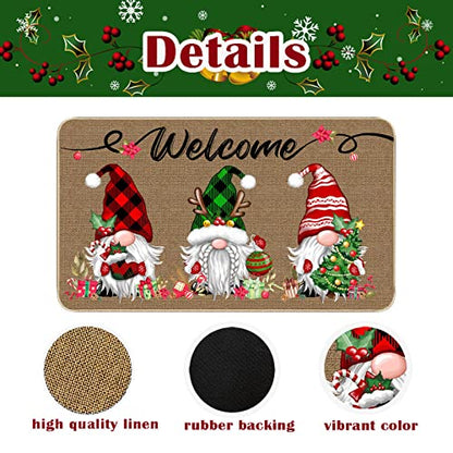 Christmas Doormat 17x29 Inch Buffalo Plaid Gnome Holiday Entryway Mat - Xmas 3 Gnomes Variation
