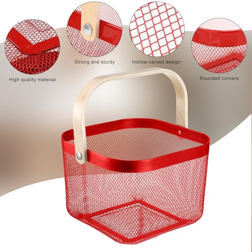 Heavy-Duty Metal Mesh Basket with Handle - 9.65 x 9.65 x 7.09 Inch Red Christmas Garden Storage Basket Set