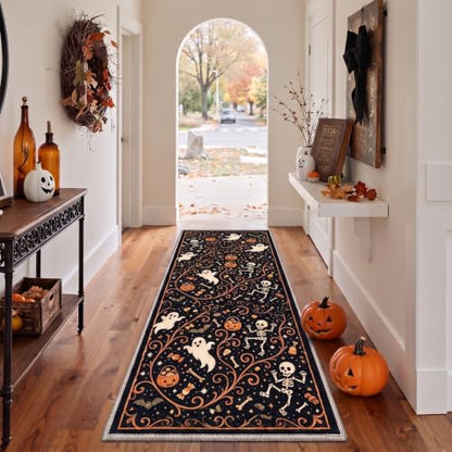Halloween Skeleton Pumpkin Ghost Rug - Non Slip 2x6 Runner with Variation - Cute Pumpkin Noir