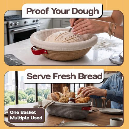 Bread Proofing Basket Set - Round & Oval Sourdough Banneton Baskets with Liners & Cover