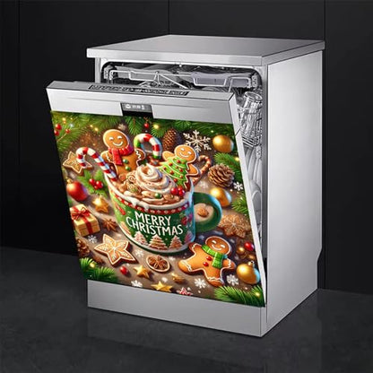 Christmas Dishwasher Magnet Cover 23x26 Inches Reusable Magnetic Refrigerator Sticker - Gingerbread Man Cocoa