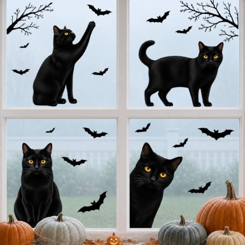 Funny Halloween Black Cat Window Clings - 6 Sheets Static Decor for Glass & Mirrors