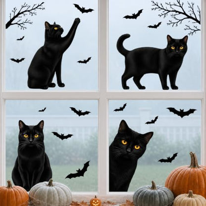 Funny Halloween Black Cat Window Clings - 6 Sheets Static Decor for Glass & Mirrors