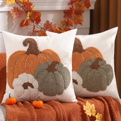 Halloween Pumpkin Embroidered Throw Pillow Covers Set of 2 - 18x18 Inches, Rustic Fall Farmhouse Decor, Hidden Zipper, Three Color Pumpkin