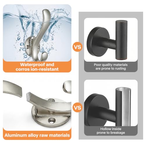 Heavy Duty Coat Hooks 6 Pack - Brushed Nickel Wall Mount Aluminum Hangers